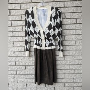 Vintage Secretary 1 Piece Dress w/ Argyle Sweater Faux Suede Skirt Size 10 Boss